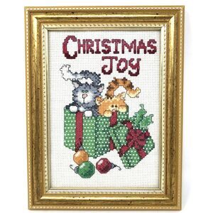 Completed Christmas Joy Cat Cross Stitch Gold Framed Finished 6.5x8.5 Kitty New